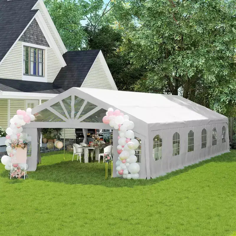 Tonnelle de réception de 5,9 m x 11,9 m, tonnelle de protection solaire robuste avec 2 portes et 20 fenêtres, blanche