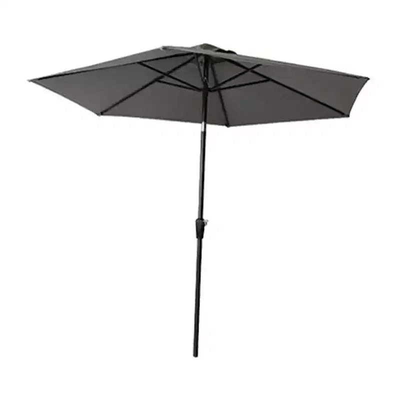 Four Seasons Courtyard 9 Foot Campton Hills Market Umbrella Round Sling Fabric Outdoor Backyard Shaded Canopy with Auto Crank and Tilting, Gray/Brown