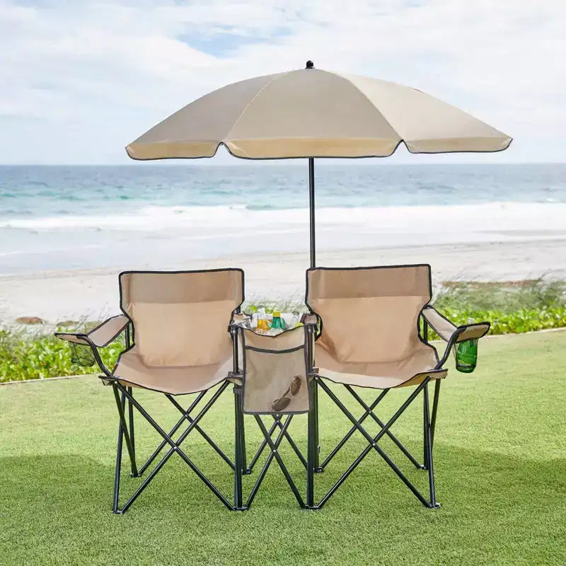BrylaneHome Twin Folding Picnic Chairs With Umbrella & Cooler