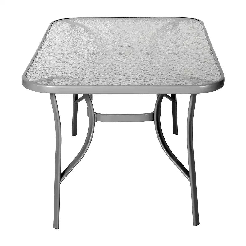 Table de terrasse rectangulaire avec plateau en verre trempé, trou pour parasol et structure en tubes d'acier noir