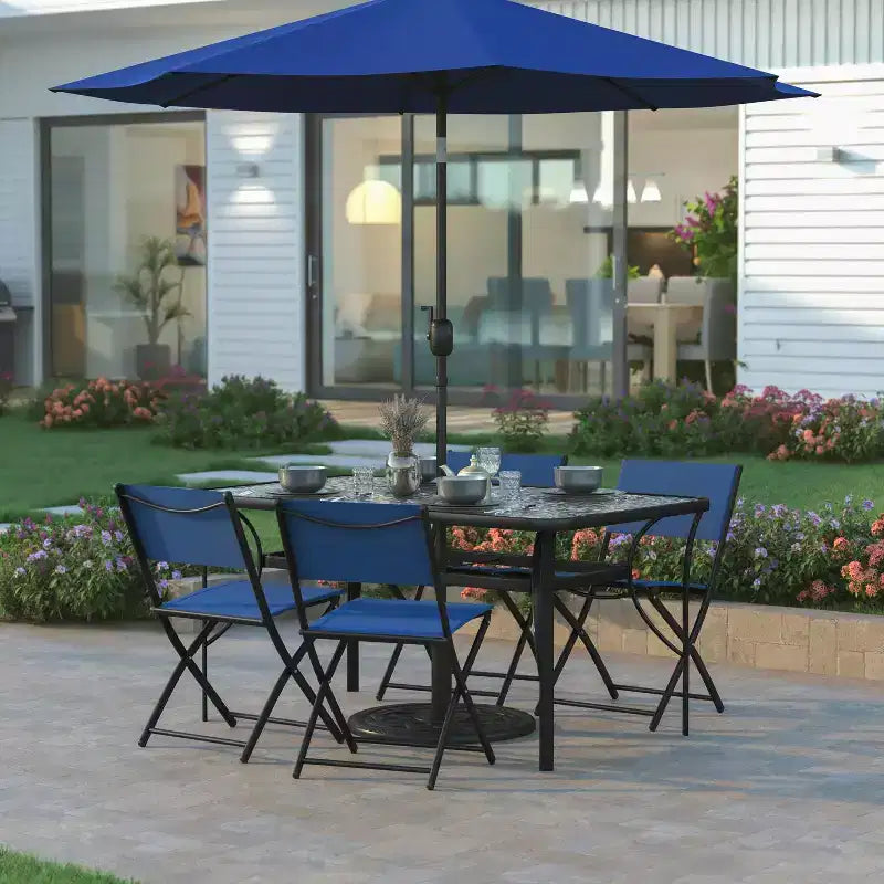 Table de terrasse rectangulaire avec plateau en verre trempé, trou pour parasol et structure en tubes d'acier noir