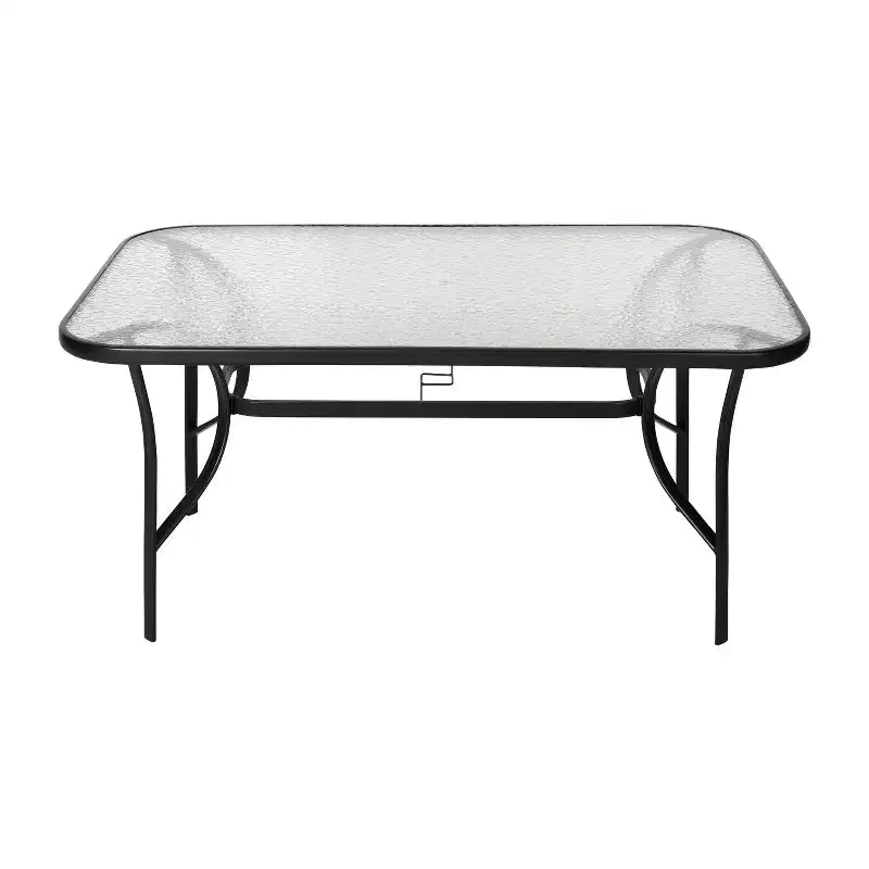 Table de terrasse rectangulaire avec plateau en verre trempé, trou pour parasol et structure en tubes d'acier noir