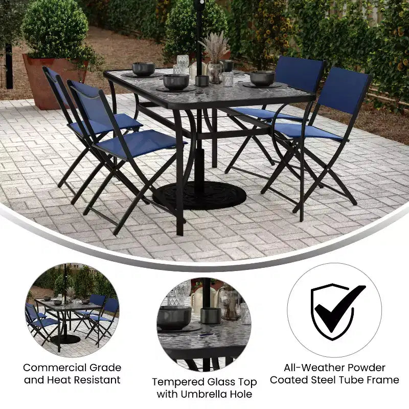 Table de terrasse rectangulaire avec plateau en verre trempé, trou pour parasol et structure en tubes d'acier noir