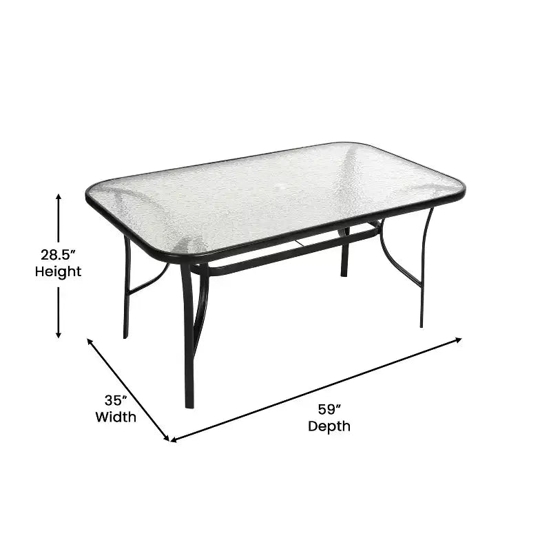 Table de terrasse rectangulaire avec plateau en verre trempé, trou pour parasol et structure en tubes d'acier noir