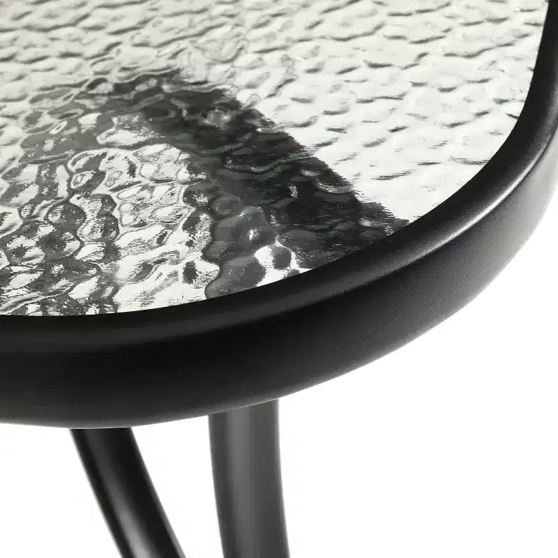 Table de terrasse rectangulaire avec plateau en verre trempé, trou pour parasol et structure en tubes d'acier noir