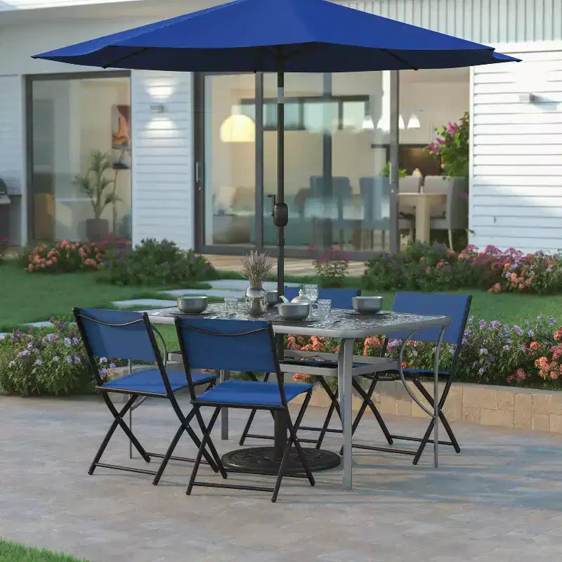 Table de terrasse rectangulaire avec plateau en verre trempé, trou pour parasol et structure en tubes d'acier noir