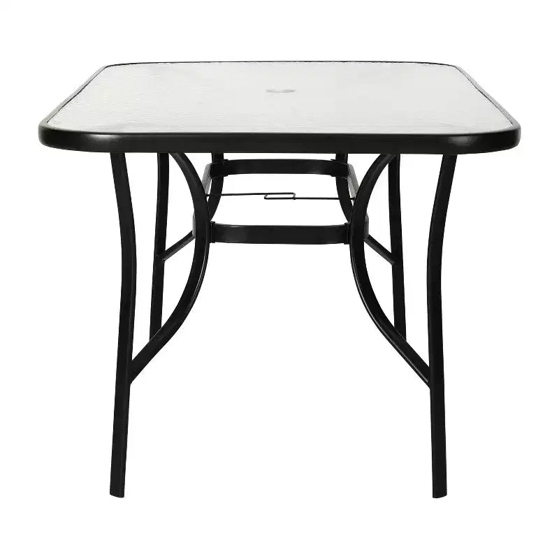Table de terrasse rectangulaire avec plateau en verre trempé, trou pour parasol et structure en tubes d'acier noir