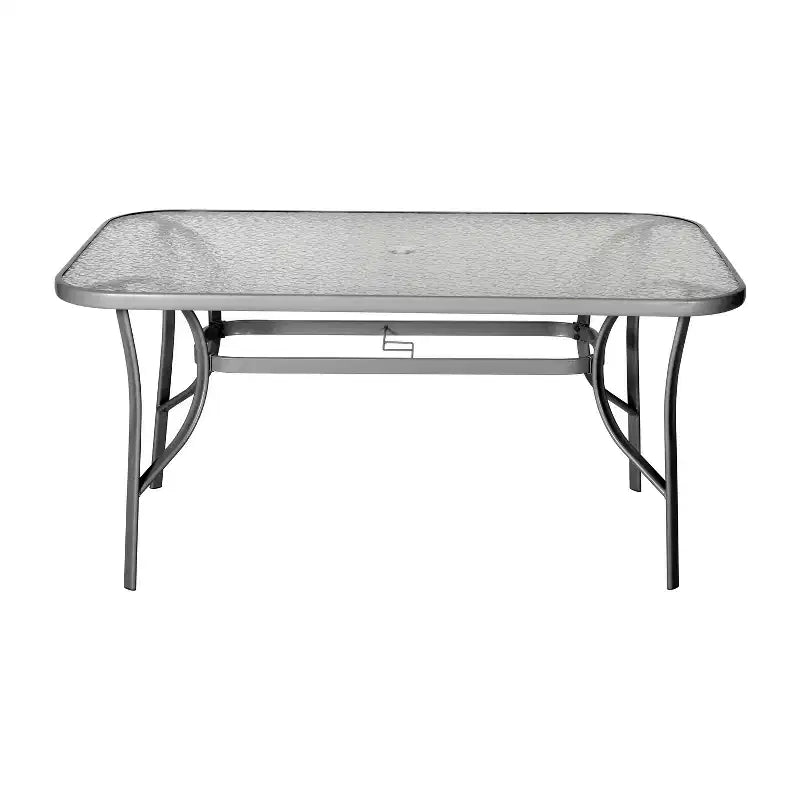 Table de terrasse rectangulaire avec plateau en verre trempé, trou pour parasol et structure en tubes d'acier noir