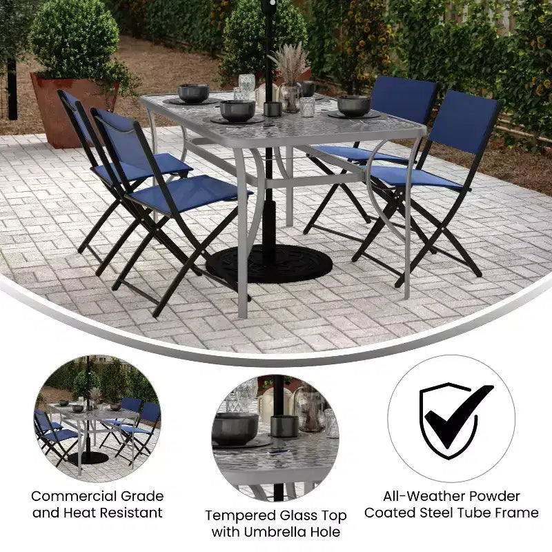 Table de terrasse rectangulaire avec plateau en verre trempé, trou pour parasol et structure en tubes d'acier noir