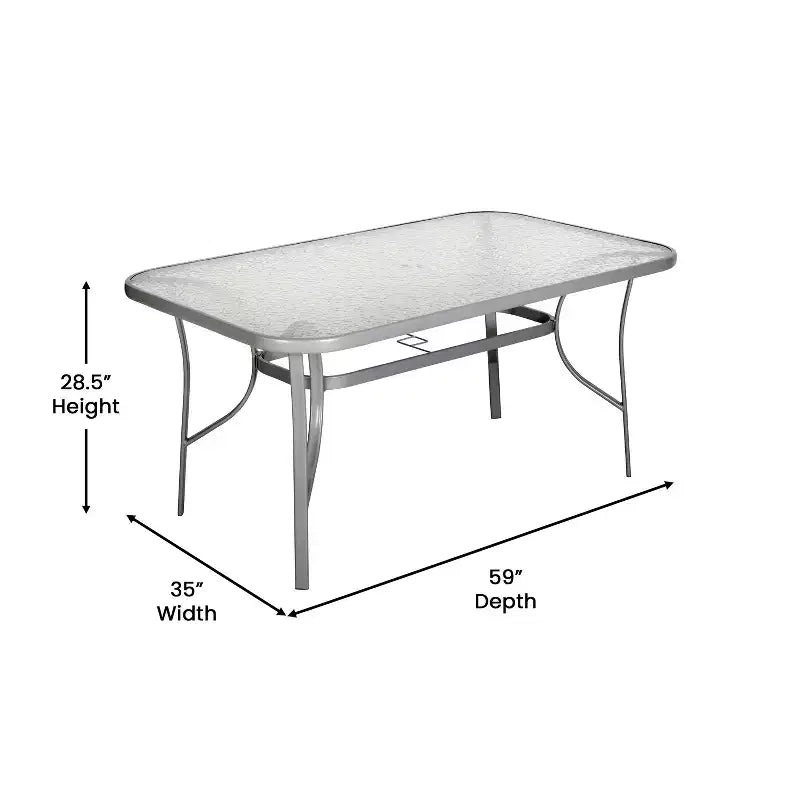 Table de terrasse rectangulaire avec plateau en verre trempé, trou pour parasol et structure en tubes d'acier noir