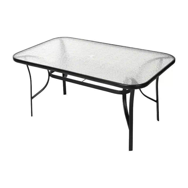 Table de terrasse rectangulaire avec plateau en verre trempé, trou pour parasol et structure en tubes d'acier noir