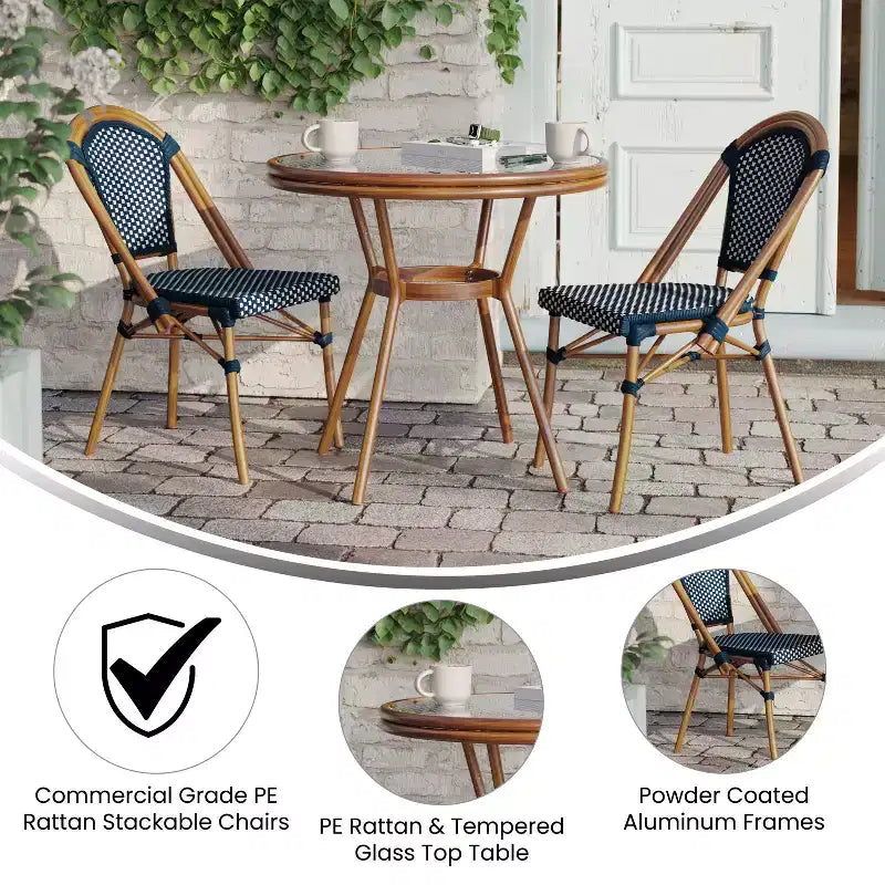 Table et chaises style bistrot — Comprenant un plateau en verre et une fabrication en osier PE