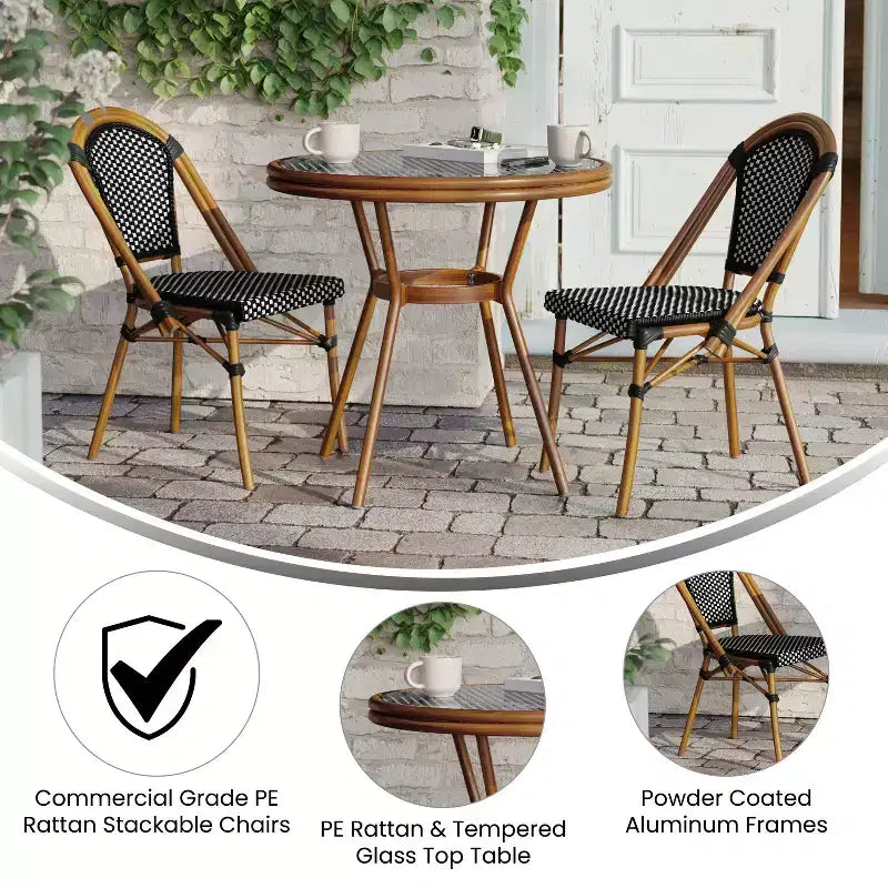 Table et chaises style bistrot — Comprenant un plateau en verre et une fabrication en osier PE