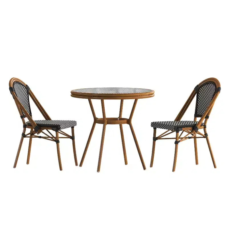 Table et chaises style bistrot — Comprenant un plateau en verre et une fabrication en osier PE
