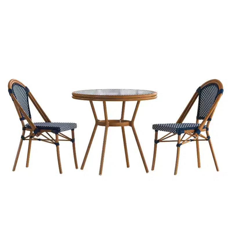 Merrick Lane Sacha Bistro Style Table with Glass Top, PE Rattan, 2 Stack Chairs, and Bamboo Finished Metal Frame for Indoor/Outdoor Use