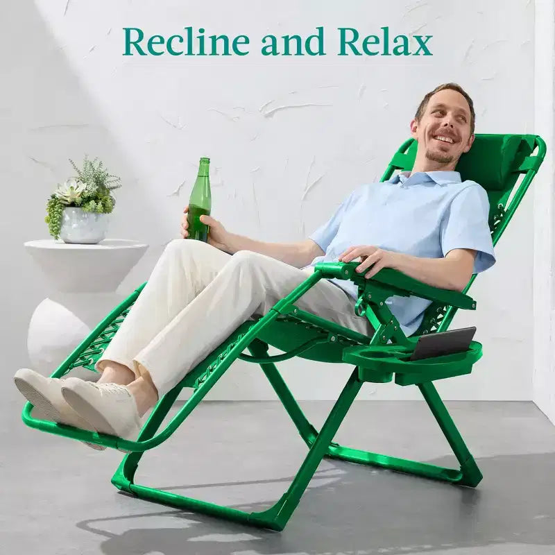 Fauteuil inclinable de patio pliant antigravité monochrome avec plateau latéral et appuie-tête