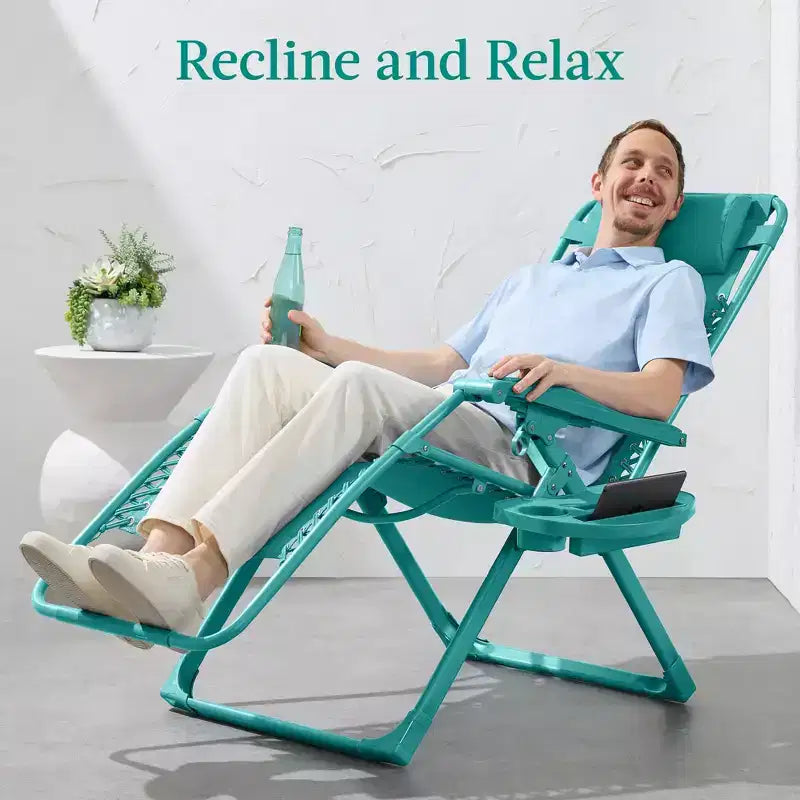 Fauteuil inclinable de patio pliant antigravité monochrome avec plateau latéral et appuie-tête