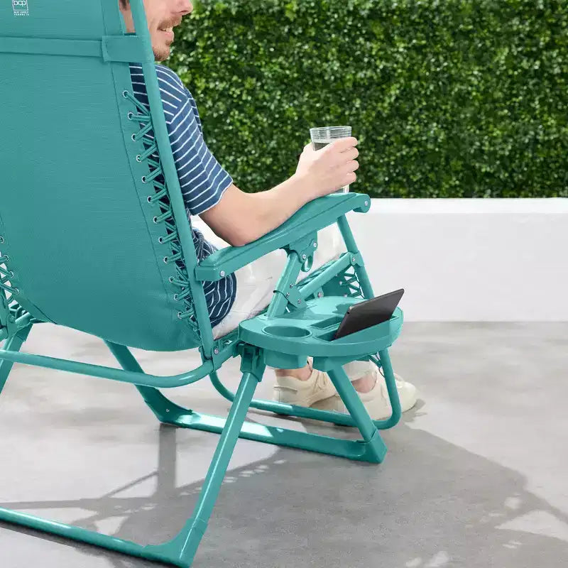 Fauteuil inclinable de patio pliant antigravité monochrome avec plateau latéral et appuie-tête