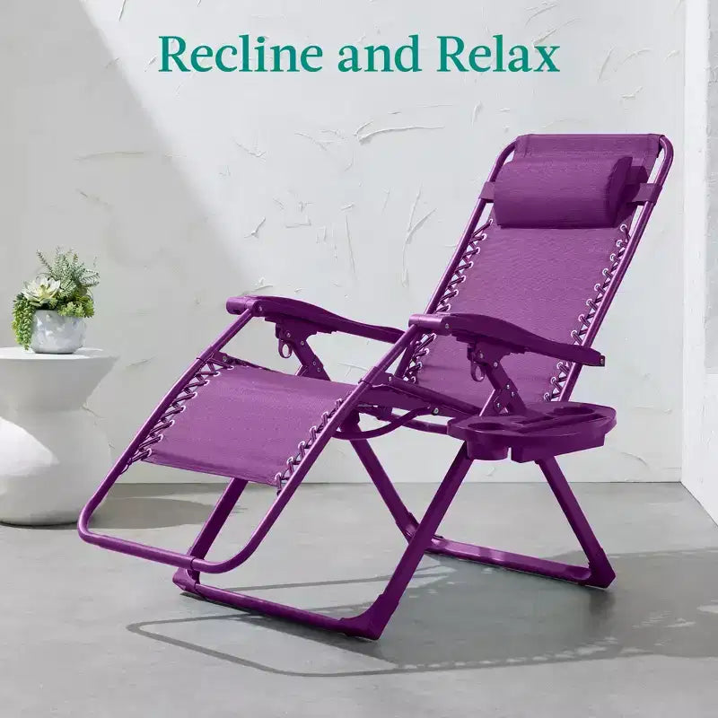 Fauteuil inclinable de patio pliant antigravité monochrome avec plateau latéral et appuie-tête