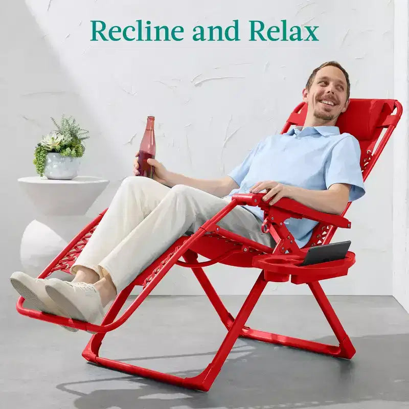 Fauteuil inclinable de patio pliant antigravité monochrome avec plateau latéral et appuie-tête