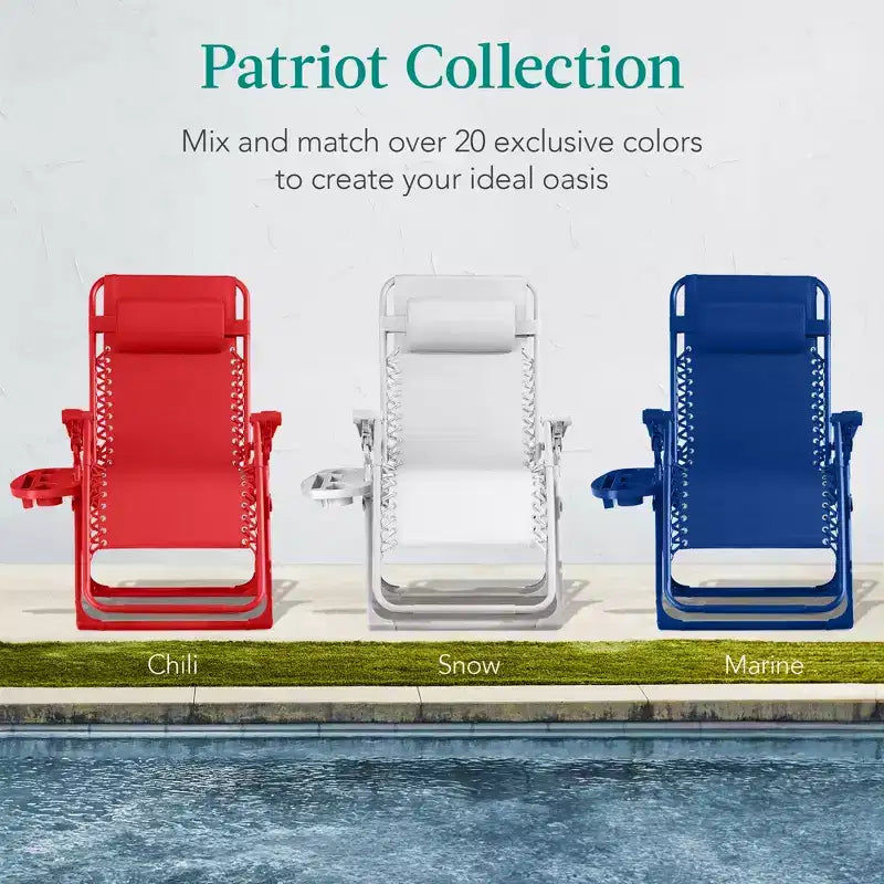 Fauteuil inclinable de patio pliant antigravité monochrome avec plateau latéral et appuie-tête