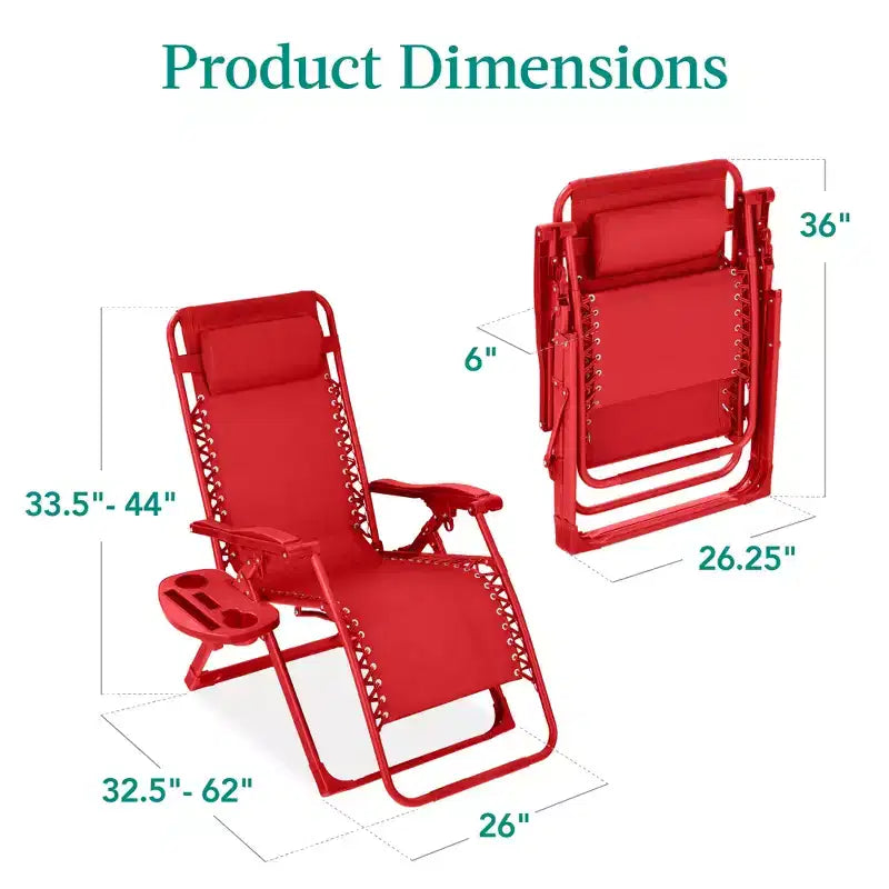 Fauteuil inclinable de patio pliant antigravité monochrome avec plateau latéral et appuie-tête
