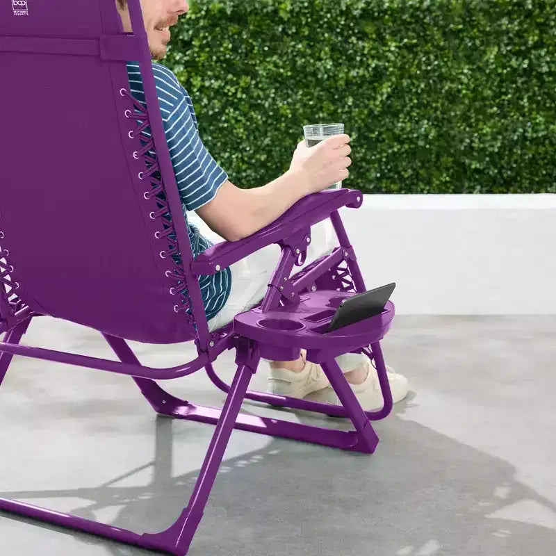 Fauteuil inclinable de patio pliant antigravité monochrome avec plateau latéral et appuie-tête