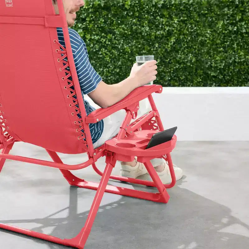 Fauteuil inclinable de patio pliant antigravité monochrome avec plateau latéral et appuie-tête
