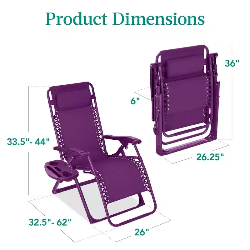 Fauteuil inclinable de patio pliant antigravité monochrome avec plateau latéral et appuie-tête