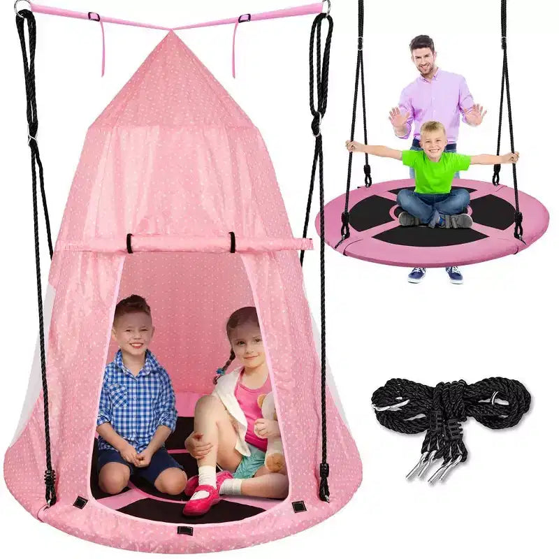 Hanging Saucer Swing for Outdoor Fun with Detachable Play Tent, 600 lbs Capacity, Pink