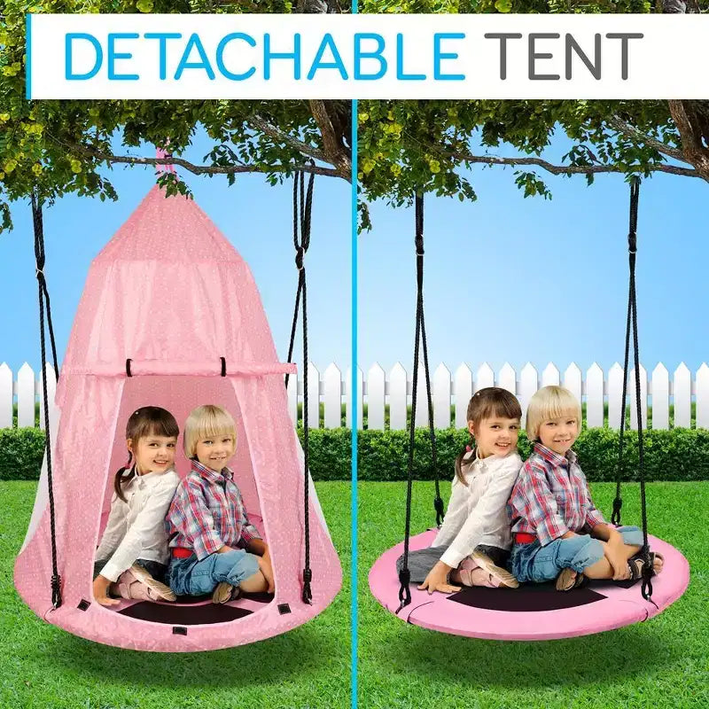 Balançoire soucoupe suspendue pour s'amuser en plein air avec tente de jeu détachable, capacité de 270 kg, rose