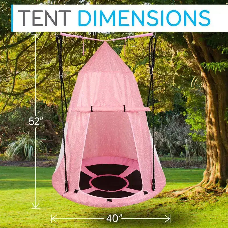 Balançoire soucoupe suspendue pour s'amuser en plein air avec tente de jeu détachable, capacité de 270 kg, rose