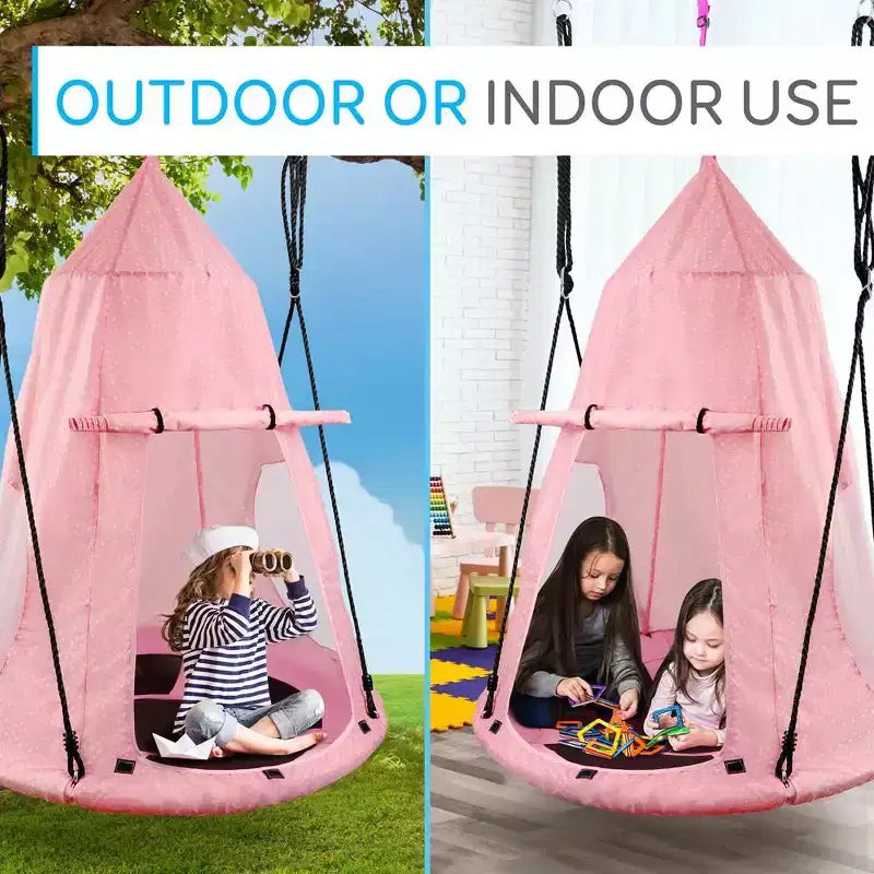 Balançoire soucoupe suspendue pour s'amuser en plein air avec tente de jeu détachable, capacité de 270 kg, rose