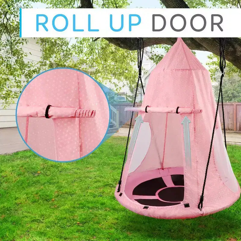 Balançoire soucoupe suspendue pour s'amuser en plein air avec tente de jeu détachable, capacité de 270 kg, rose
