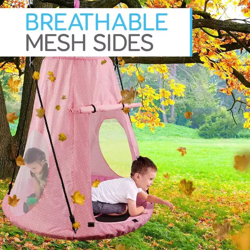 Balançoire soucoupe suspendue pour s'amuser en plein air avec tente de jeu détachable, capacité de 270 kg, rose